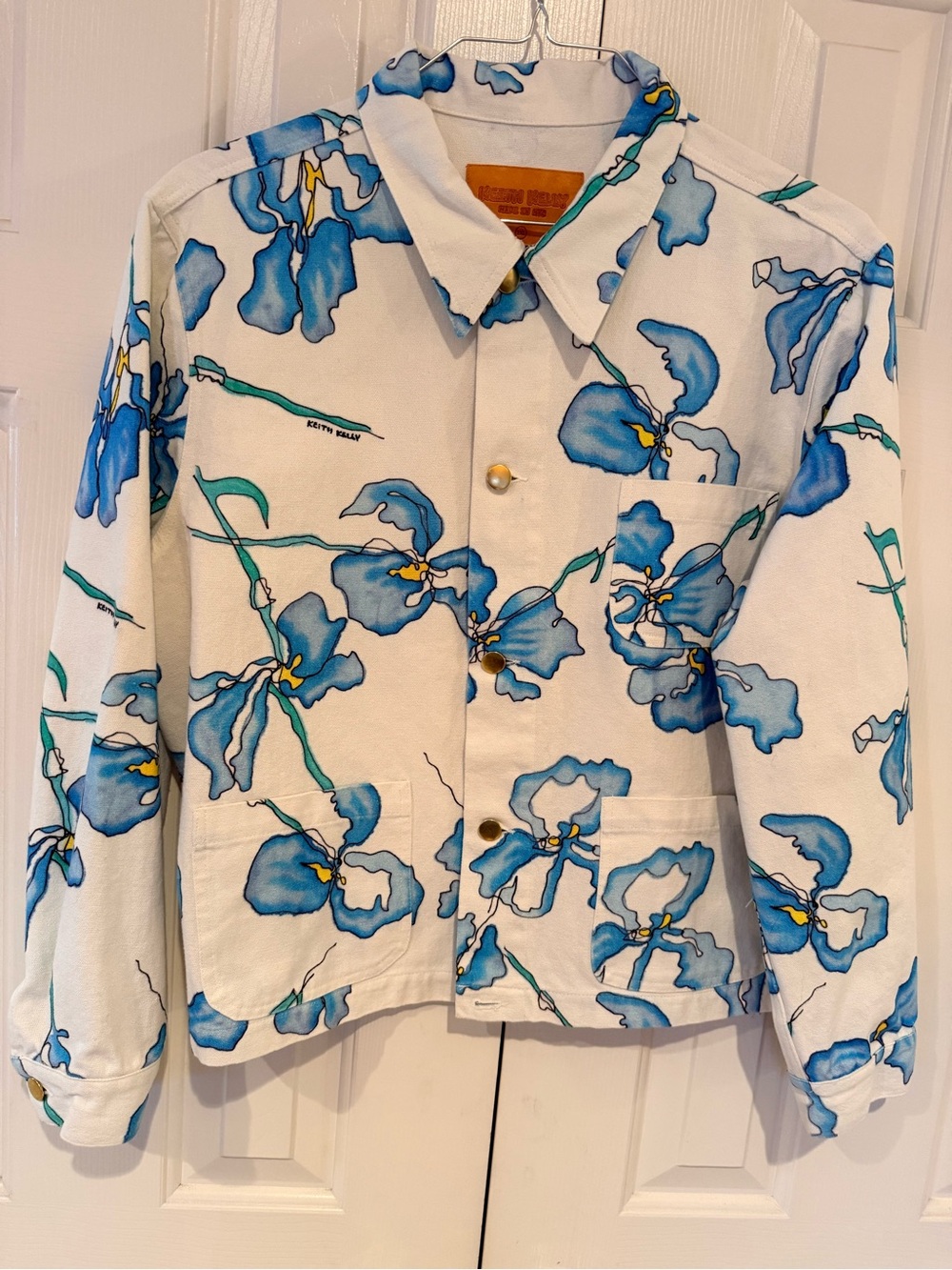 Keith Kelly White Floral Button Denim Jacket w/ Blue Print Made in New York City